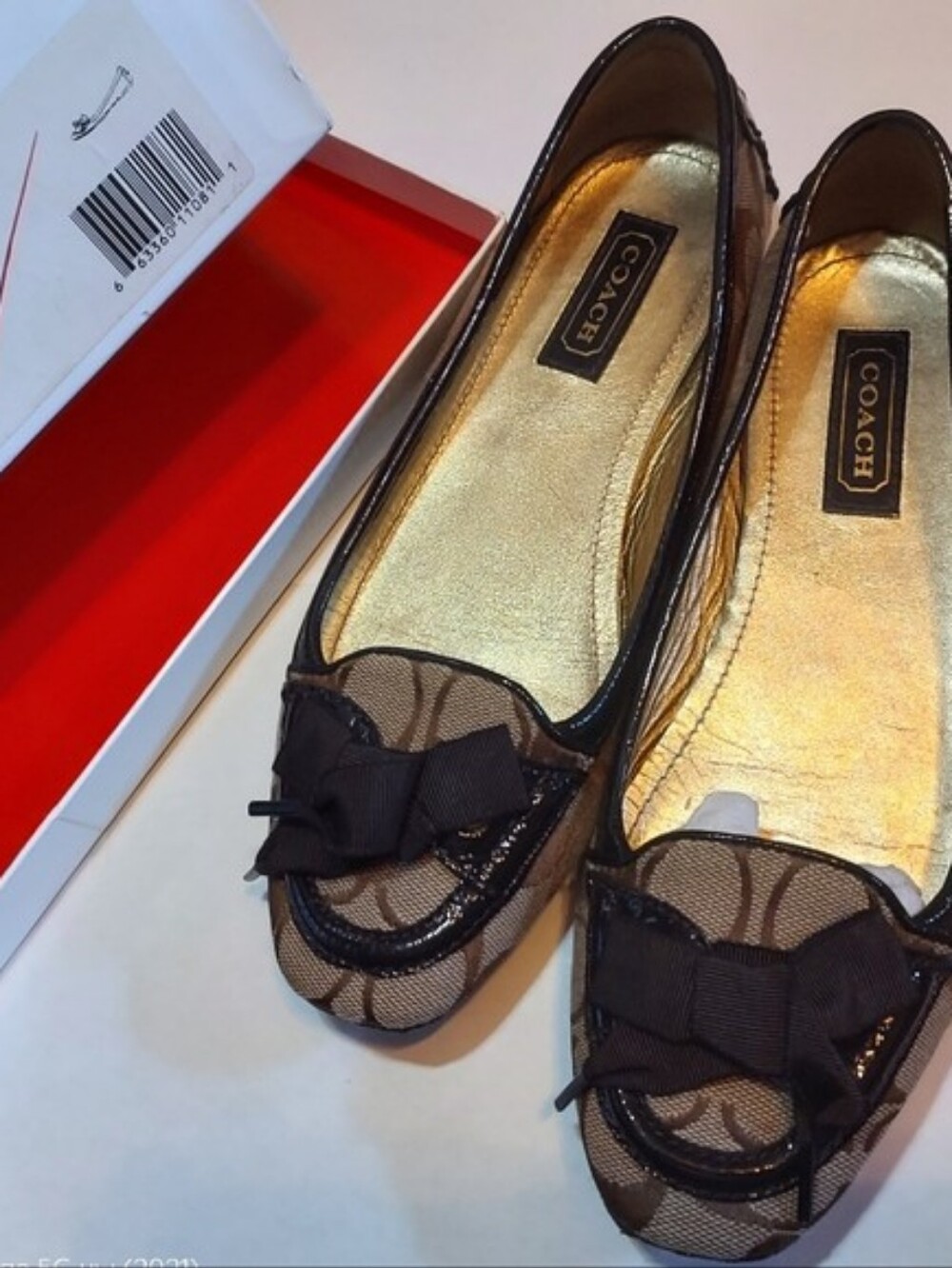 COACH Brown Signature Bow Mesh Flats